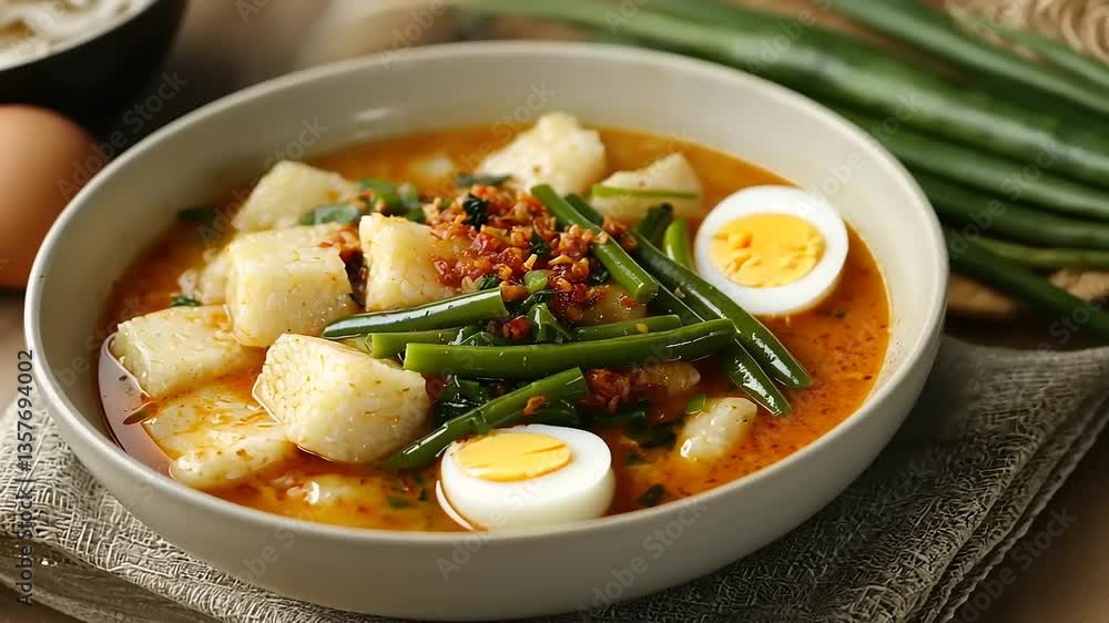 A hearty bowl of lontong sayur, a traditional Indonesian rice cake vegetable stew, with egg. A hearty bowl of lontong sayur, a traditional Indonesian rice cake vegetable stew, with egg.