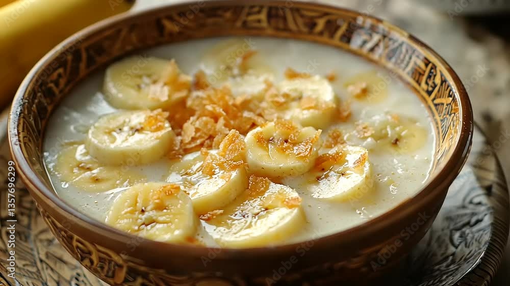 A close-up image of a bowl filled with banana slices and topping in milky liquid. A close-up image of a bowl filled with banana slices and topping in milky liquid.