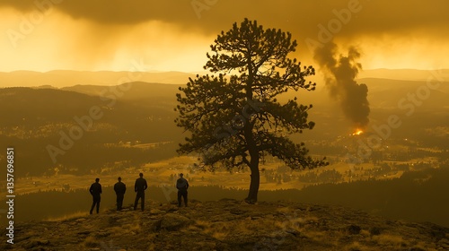 Firefighters watch wildfire spread across valley.
