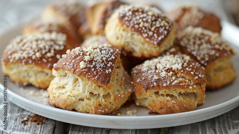 Scones with coarse sugar topping clustered together, rustic golden crust, classic baked treat for tea-time and cafes Scones with coarse sugar topping clustered together, rustic golden crust, classic baked treat for tea-time and cafes