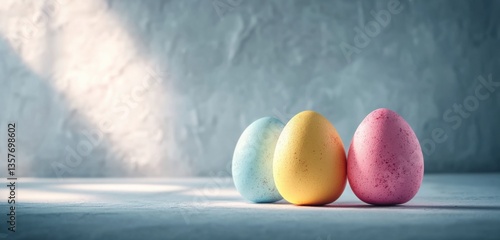 Minimalist Easter banner with only three elegantly designed eggs placed in the lower corner leaving negative space for a bold text overlay. Created with generative AI.