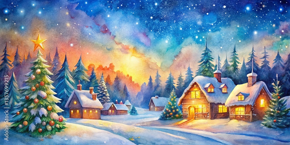 Fototapeta premium Panoramic Christmas Watercolor Painting: Festive Winter Wonderland Scene