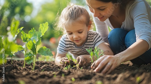 Wallpaper Mural Mother and daughter planting seedlings together in the garden Torontodigital.ca