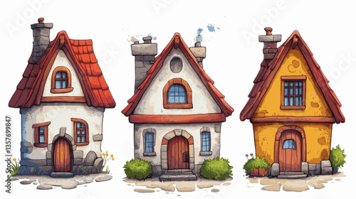 Three houses with red roofs and white siding. The houses are painted in different colors, with one being yellow and the other two being red. The houses are situated on a street with a sidewalk
