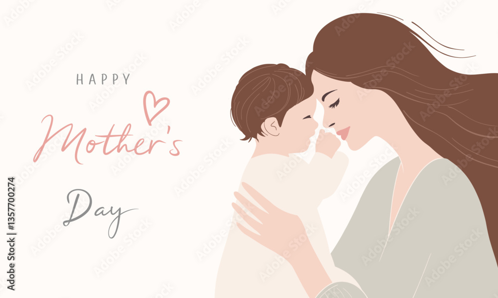 Happy Mother's Day vector illustration with a loving mother and baby in soft pastel colors. Elegant minimalistic design, perfect for greeting cards, posters, invitations, social media, and decorations Happy Mother's Day vector illustration with a loving mother and baby in soft pastel colors. Elegant minimalistic design, perfect for greeting cards, posters, invitations, social media, and decorations