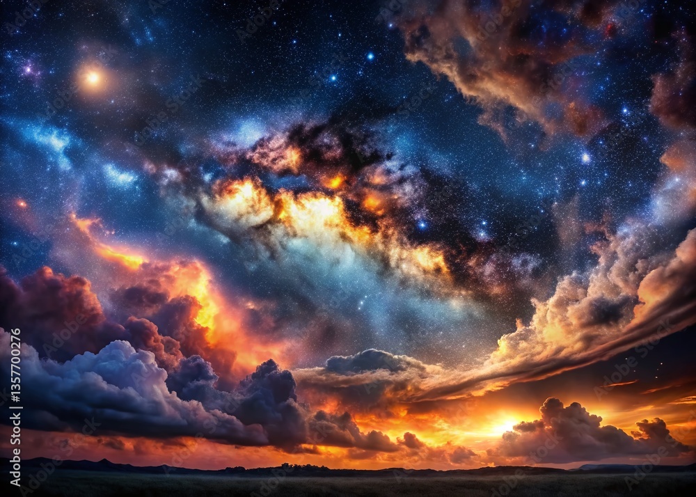 Naklejka premium Panoramic Creepy Night Sky - Eerie Stars and Dark Clouds