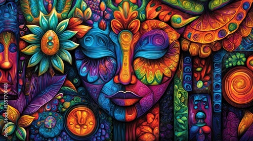 Wallpaper Mural Colorful abstract face, floral patterns,  tribal elements, serene background.  Suitable for prints, posters, or wallpapers Torontodigital.ca