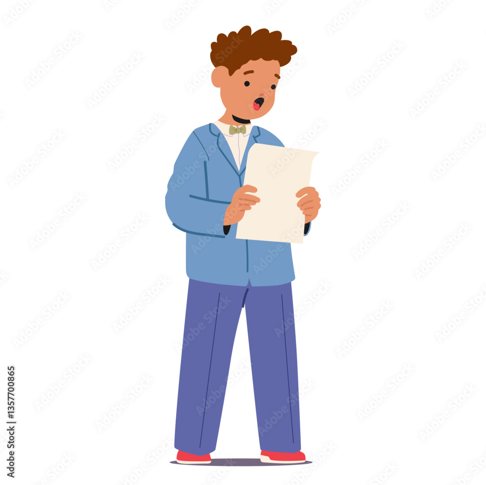 Elegant little gentleman cartoon boy child character singing song reading text on paper sheet Elegant little gentleman cartoon boy child character singing song reading text on paper sheet