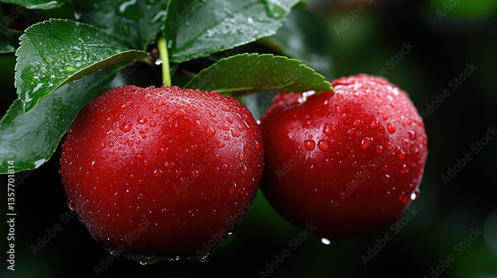 Obraz premium Fresh, vibrant plums covered in raindrops on a branch
