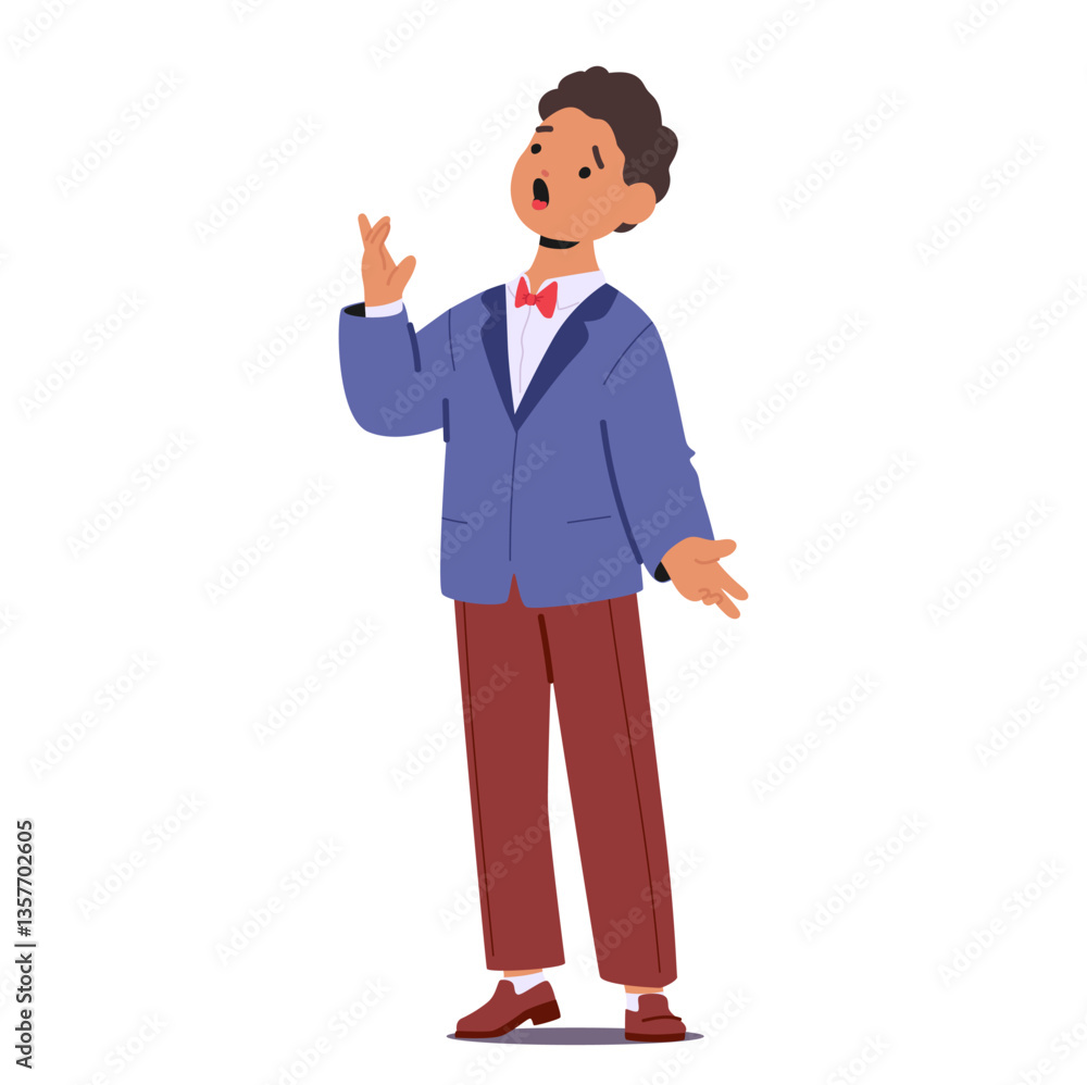 Preschool boy cartoon character wearing concert suit singing song participating in musical party Preschool boy cartoon character wearing concert suit singing song participating in musical party