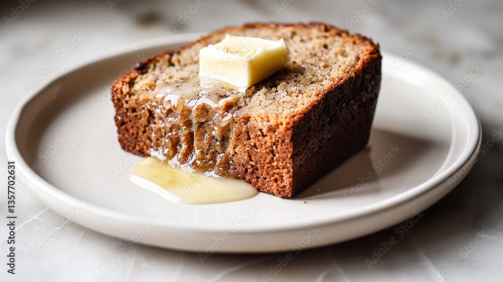 Banana bread slice topped with butter curl, moist texture and warm tones ideal for bakery showcases and food blogs Banana bread slice topped with butter curl, moist texture and warm tones ideal for bakery showcases and food blogs