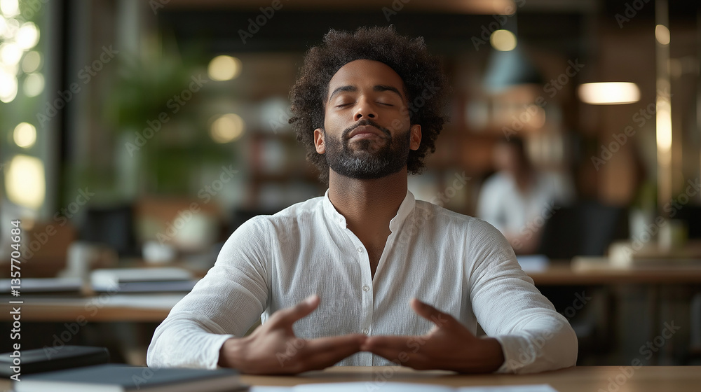 Obraz premium Businessman finding calmness through mindfulness practice in a serene office environment during a productive afternoon