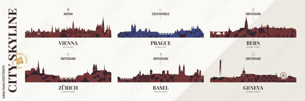 Fototapeta premium City skyline silhouettes Vienna, Prague, Bern, Zürich, Basel, Geneva, Panoramas of Austrian, Czech and Swiss cityscape horizon with abstract brutalism geometric pattern, detail urban landscape, kit 5