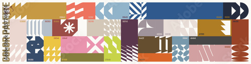 Colour palette set, trendy different combined colors with codes, vector banner with colorful ornament of abstract geometric shapes in brutalism style, modern collage postmodern figures kit 3