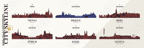 City skyline silhouettes Vienna, Prague, Bern, Zürich, Basel, Geneva, Panoramas of Austrian, Czech and Swiss cityscape horizon with abstract brutalism geometric pattern, detail urban landscape, kit 5