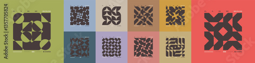 Kit of Postmodern geometric compositions with abstract shapes in brutalism aesthetics, mosaic of brutal figures, trendy color retro futuristic elements, vector modernist ornament, cards art 3