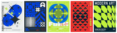 Set modernism art colorful trendy posters, artwork in minimalism and brutalism style, abstract geometric A4 rave postmodern composition, vector simple shapes print graphic in Y2K aesthetics, set 22