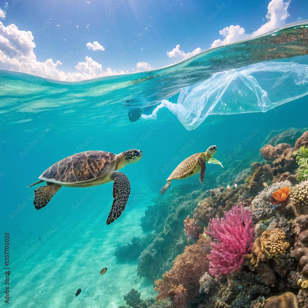 Obraz premium ecology, ocean, plastic in water, bags, saving turtles' lives