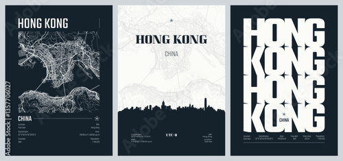 Set of travel posters with Hong Kong, detailed urban street plan city map, Silhouette city skyline, vector artwork, set 2