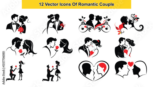 Twelve elegant silhouettes of romantic couples embracing, whispering sweet nothings, and celebrating their love in stylish black and white.