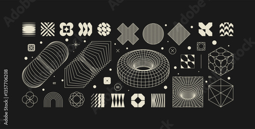 Vector graphic assets kit acid style, Postmodern abstract geometric shapes with wireframe elements of different forms, Y2K trendy design in brutalism aesthetic, template symbols set 8
