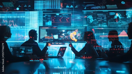 business team in the high-tech office analyze the data on multiple screens. Silhouette of people are collaborating in a futuristic control room.