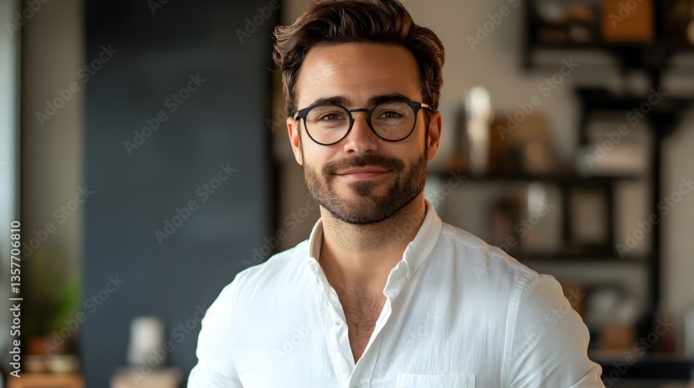 Obraz premium a portrait of a man with glasses and a warm smile, showcasing a confident and friendly presence
