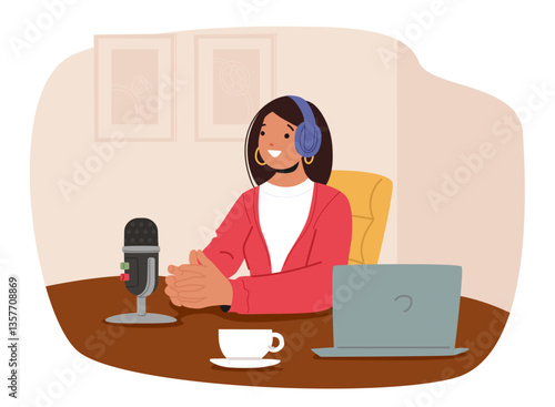 Pretty woman blogger recording audio podcast for females in cozy comfortable studio cartoon scene