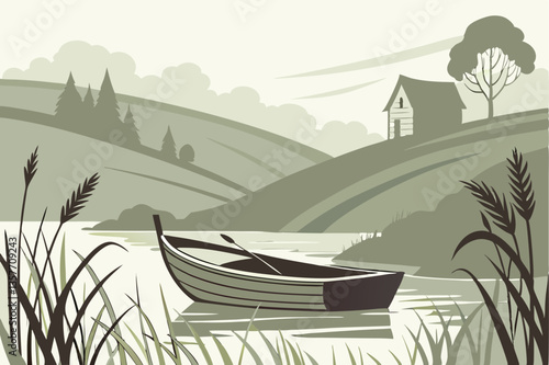 33 Serene landscape, lone wooden boat, tranquil water, lush green rolling hills, distant rustic cabin, ethereal atmosphere, minimalist composition, muted colors, dreamlike scenery, reflective surface,