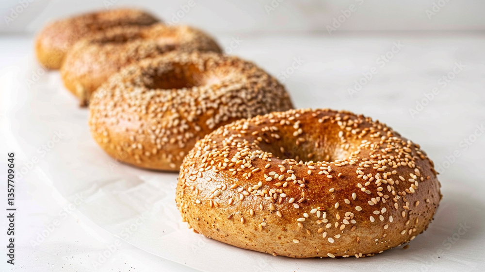 Freshly baked sesame bagels in a row on a tray, golden crust with seed texture ideal for bagel shop marketing and breakfast delivery visuals Freshly baked sesame bagels in a row on a tray, golden crust with seed texture ideal for bagel shop marketing and breakfast delivery visuals