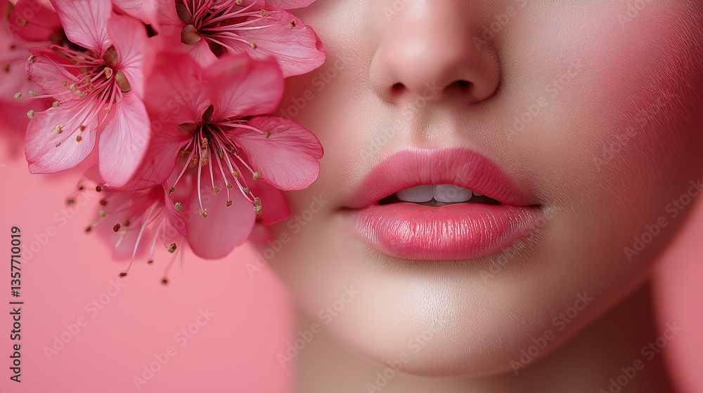 Enchanting beauty of plump natural lips adorned with delicate flowers against a soft pastel backdrop Enchanting beauty of plump natural lips adorned with delicate flowers against a soft pastel backdrop