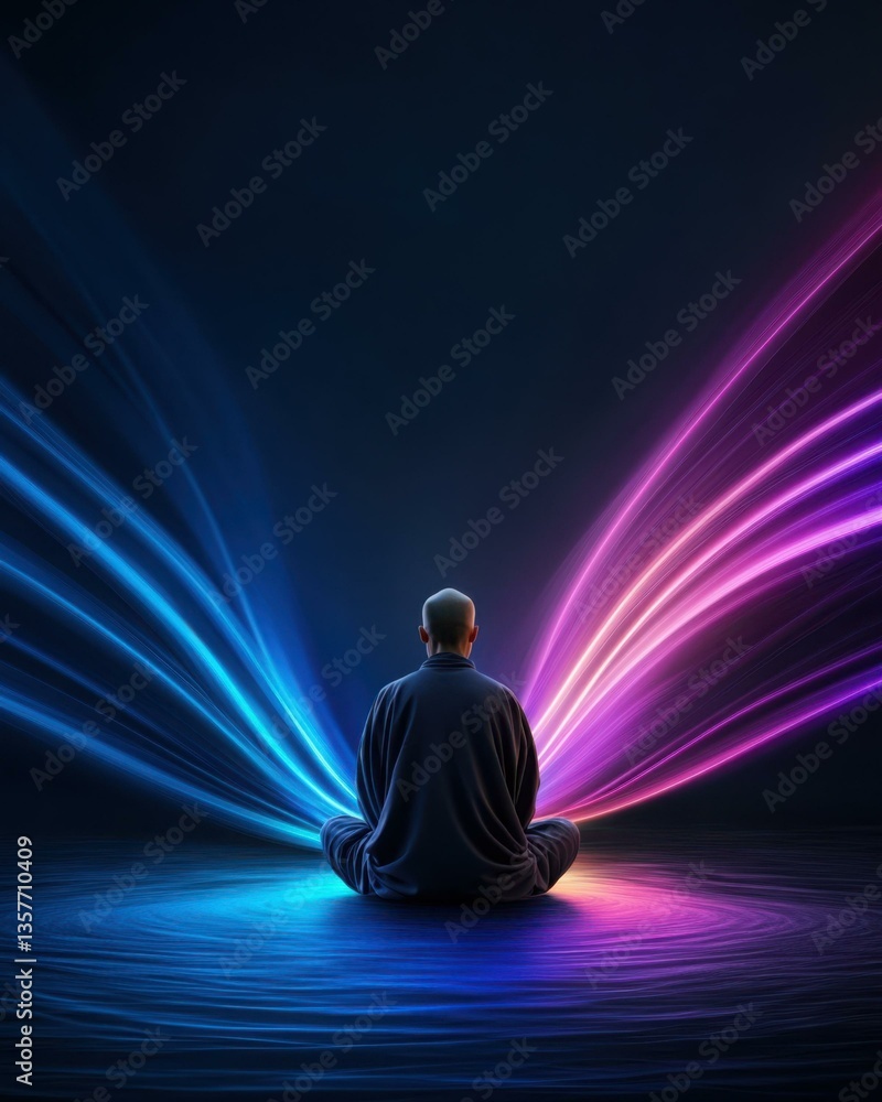Quantum soul frequency, Spiritual monk meditating on AI lotus with rainbow energy and digital enlightenment landscape Quantum soul frequency, Spiritual monk meditating on AI lotus with rainbow energy and digital enlightenment landscape