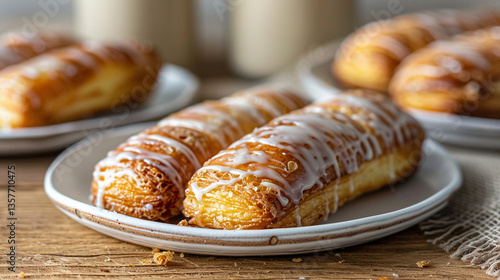 Golden French cruller with vanilla glaze, ridged doughnut texture ideal for premium pastry menus and artisanal donut shop branding