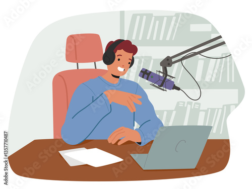Young creative guy blogger cartoon character sitting front of laptop recording speech for podcast