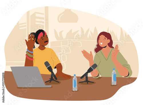 Woman blogger holding interview with hippie guy for podcast recording conversation in studio