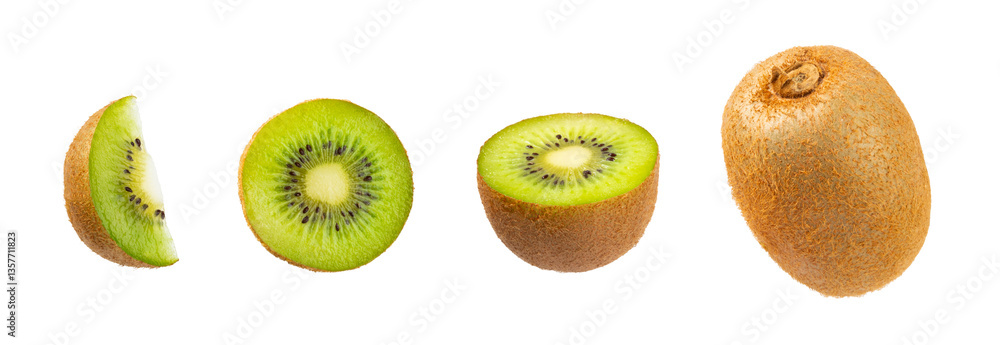 Fototapeta premium Kiwi isolated on white background. Whole fruit and slices pieces of kiwi on white background. fresh ripe juicy kiwi. Tropical fruit. Organic fruit.