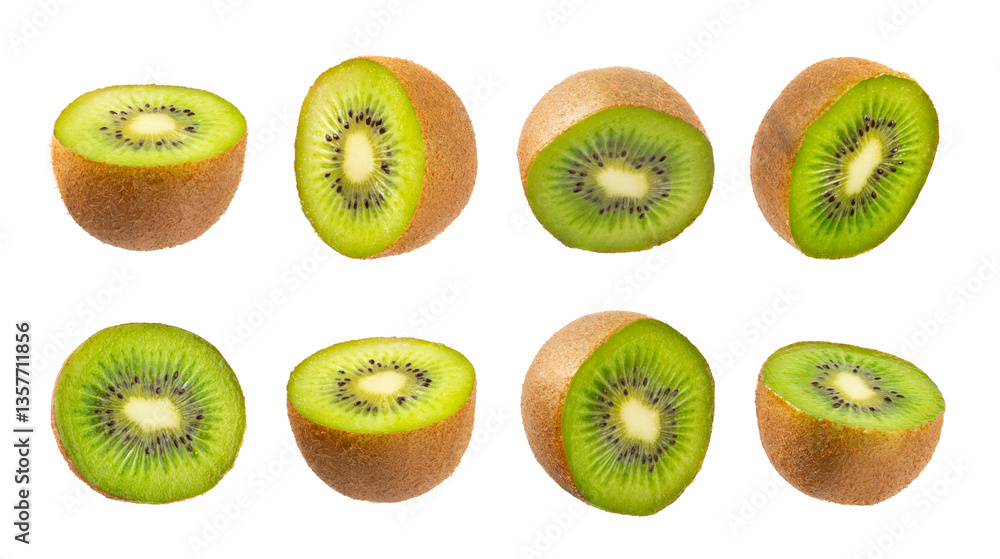 Kiwi isolated on white background. Whole fruit and slices pieces of kiwi on white background. fresh ripe juicy kiwi. Tropical fruit. Organic fruit.