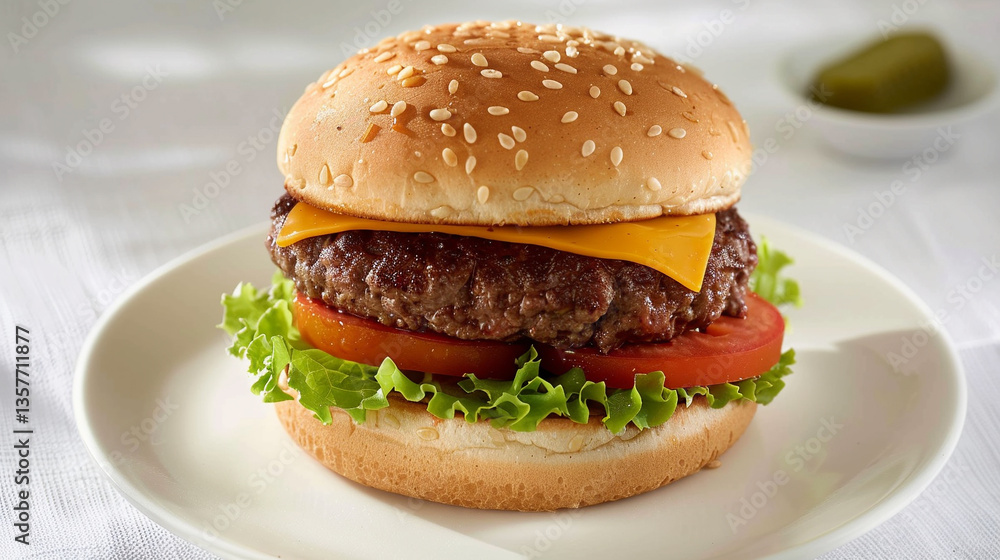 Loaded beef burger with lettuce, tomato, pickles and cheese on sesame bun, bold stacked layers perfect for grill menus and fast food marketing Loaded beef burger with lettuce, tomato, pickles and cheese on sesame bun, bold stacked layers perfect for grill menus and fast food marketing