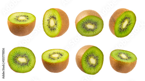 Obraz na płótnie Kiwi isolated on white background. Whole fruit and slices pieces of kiwi on white background. fresh ripe juicy kiwi. Tropical fruit. Organic fruit. w salonie