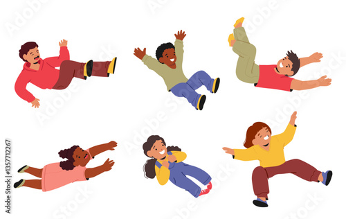 Overjoyed happy children characters floating in air cartoon set isolated on white background