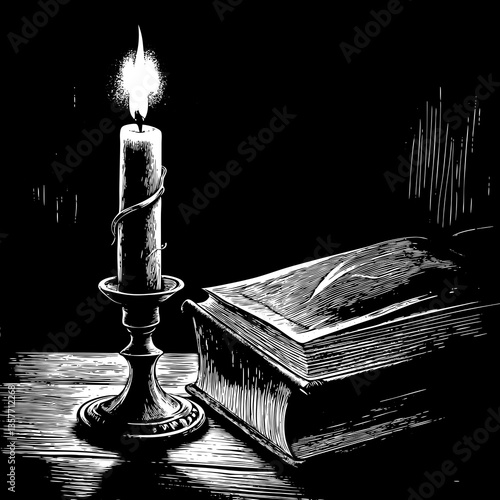 Candle glowing beside an old book on a dark background  