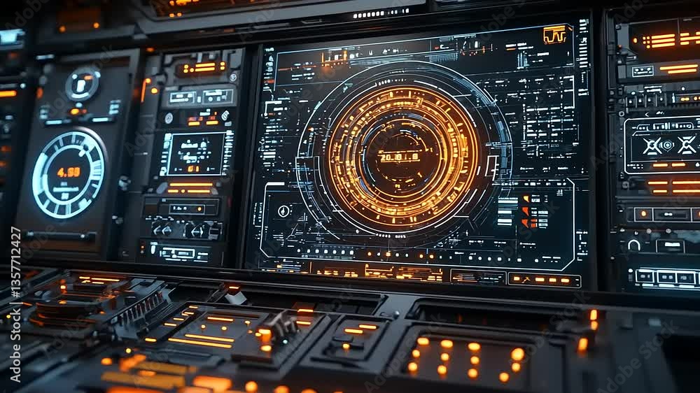 Futuristic control panel displaying complex data and glowing interfaces in a sci-fi environment Futuristic control panel displaying complex data and glowing interfaces in a sci-fi environment