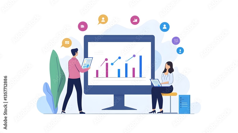 Two people analyzing financial charts and data, illustrating business, and data analytics Two people analyzing financial charts and data, illustrating business, and data analytics