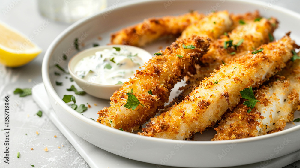 Panko-breaded fish fingers with tartar sauce and lemon wedge, crispy seafood snack perfect for pub menus and kids meal visuals Panko-breaded fish fingers with tartar sauce and lemon wedge, crispy seafood snack perfect for pub menus and kids meal visuals