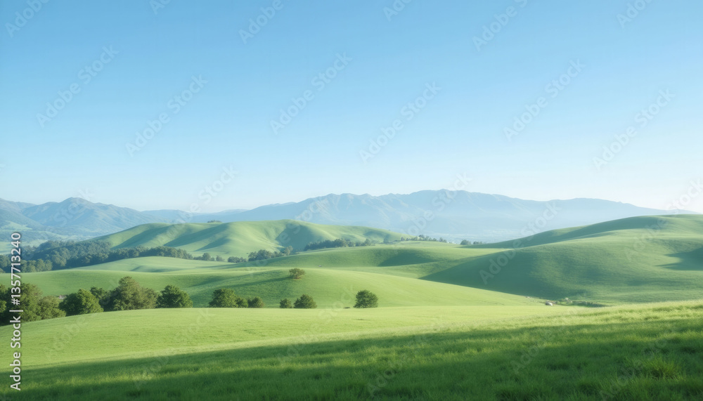 A beautiful, lush green field with a clear blue sky above. The field is dotted with trees and the mountains in the background create a sense of serenity and peace A beautiful, lush green field with a clear blue sky above. The field is dotted with trees and the mountains in the background create a sense of serenity and peace