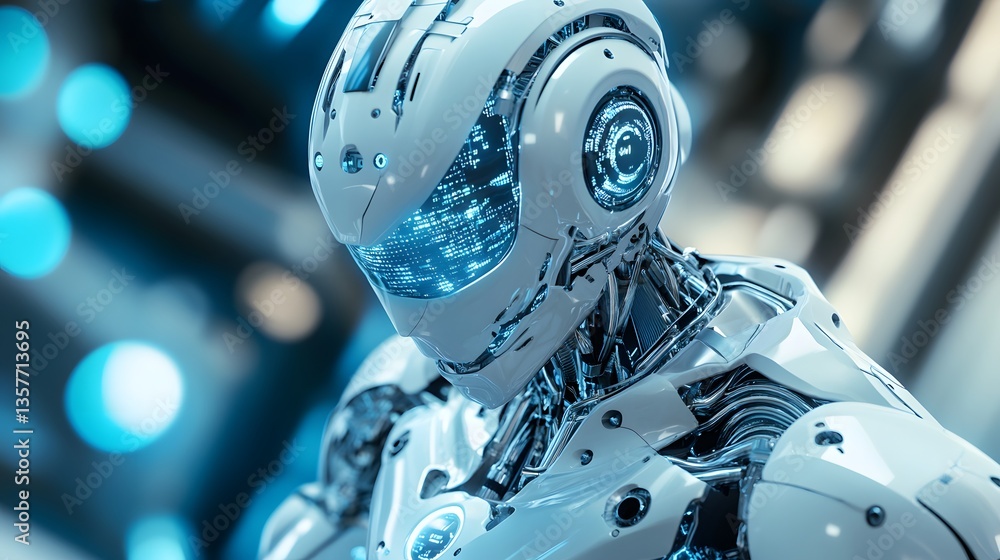 a futuristic robot with intricate detailing and a blue illuminated visor, representing advanced technology a futuristic robot with intricate detailing and a blue illuminated visor, representing advanced technology