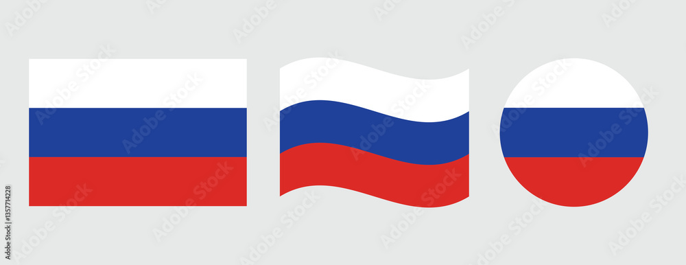 Fototapeta premium Russia flag symbols set. The national flag of Russia. Blue, white and red colors. Round, square, waving Russian map shape vector banner. Moscow symbol.