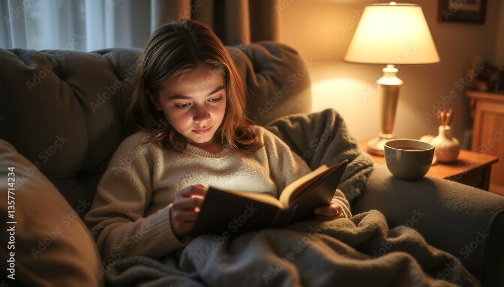 A girl is reading a book on a couch. She is smiling and seems to be enjoying her book A girl is reading a book on a couch. She is smiling and seems to be enjoying her book