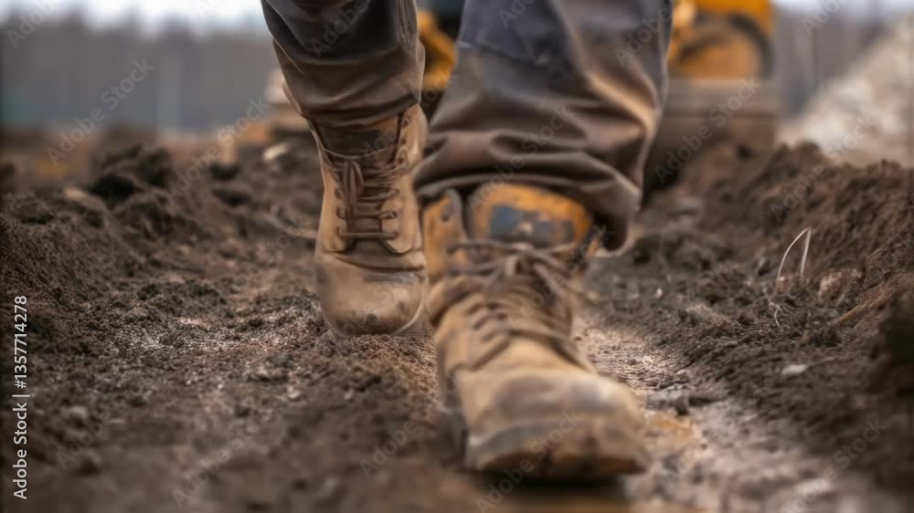 A closeup of a construction workers muddy boots as they navigate uneven terrain illustrating the challenging working conditions at the site. A closeup of a construction workers muddy boots as they navigate uneven terrain illustrating the challenging working conditions at the site.