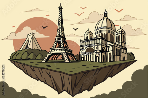 36 Paris landmarks, floating island, Eiffel Tower, Arc de Triomphe, Louvre pyramid, Notre-Dame Cathedral, surreal cityscape, grass base, flying birds, sunset sky, golden hour, dreamlike composition, a